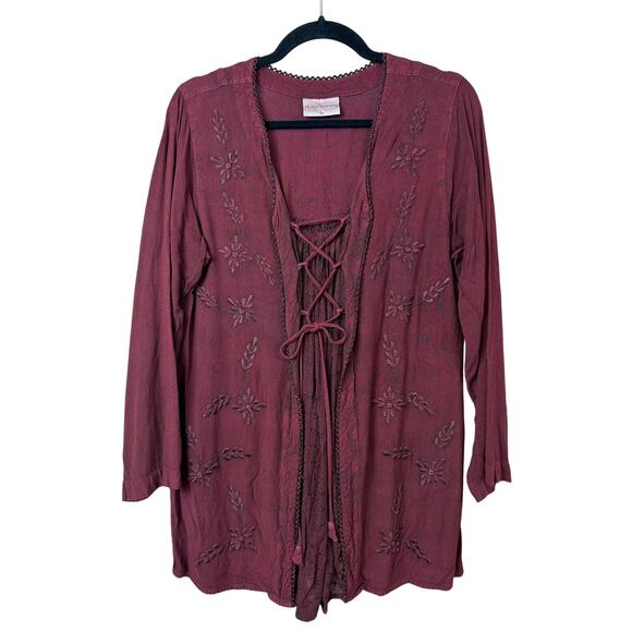 Holy Clothing Tops - Holy Clothing Red Floral Embroidery Tie Front 3/4 Sleeve Top Size L